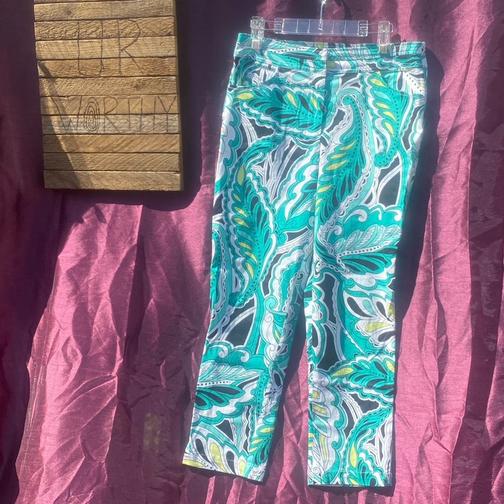 Spanner Psychedelic Paisley Print Straight-Leg Pants – Turquoise/Purple (Size 4)